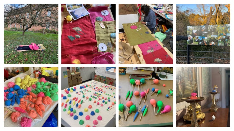 A series of images showing different brightly coloured artworks being developed by artist Jasmin Bhanji